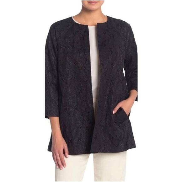 Eileen Fisher Shimmer Jacquard Long Open Front Jacket in Black Size M - Picture 5 of 13